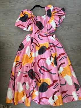 Pink Abstract Print Maxi Dress with Puff Sleeves